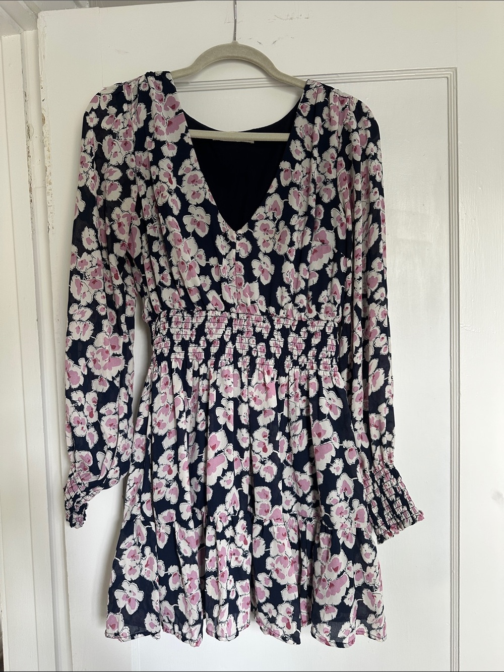 Abercrombie & Fitch Navy Floral Long-Sleeve Smocked Mini Dress